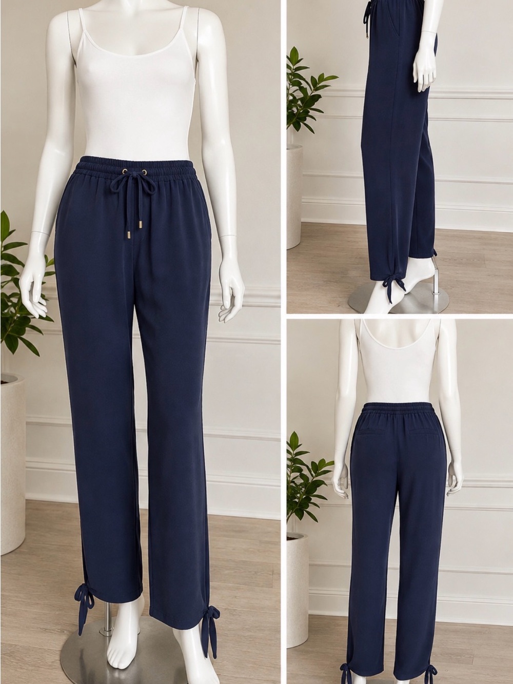 Michael Kors Women’s Navy Drawstring Side Ankle Tie Pants, Size Petite